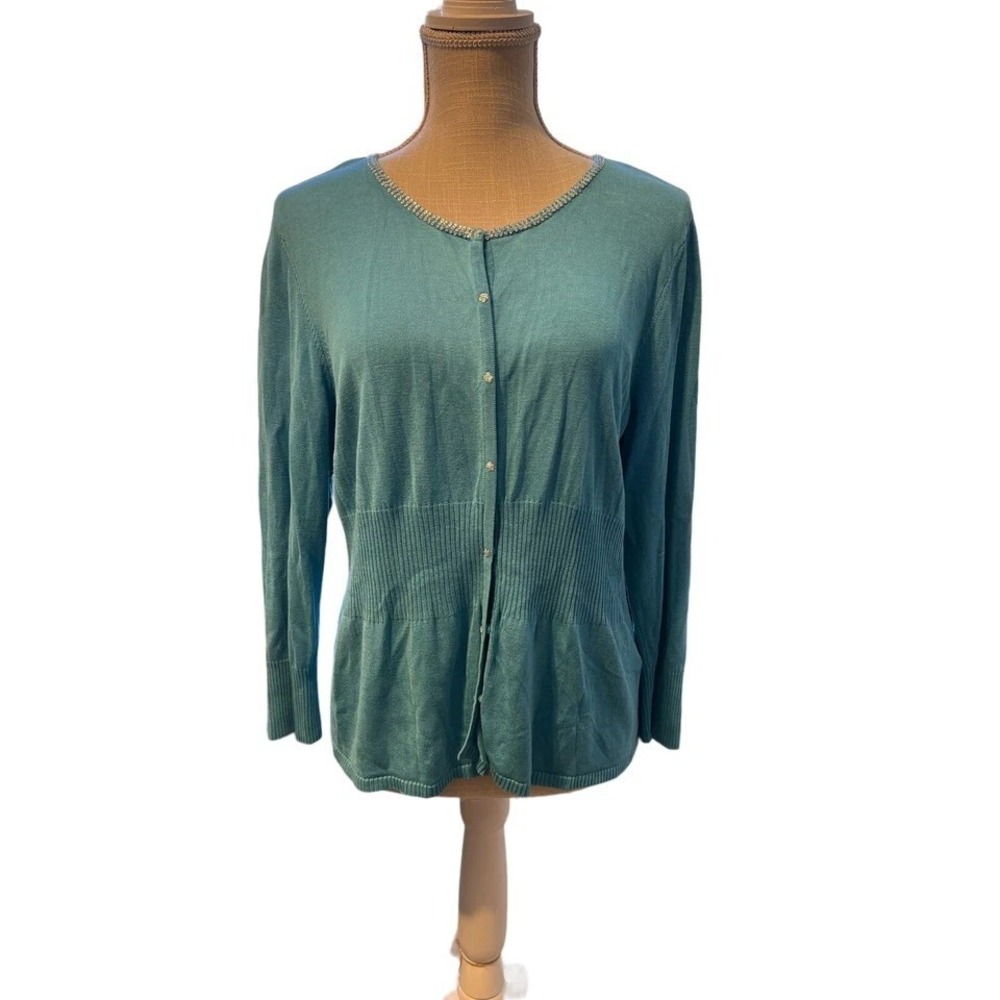 Sigrid Olsen Blue Medium Embellished Silk Blend Buttonโ Front Cardigan Sweater